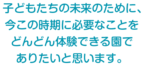 子どもたちの未来のために、
今この時期に必要なことを
どんどん体験できる園でありたいと思います。